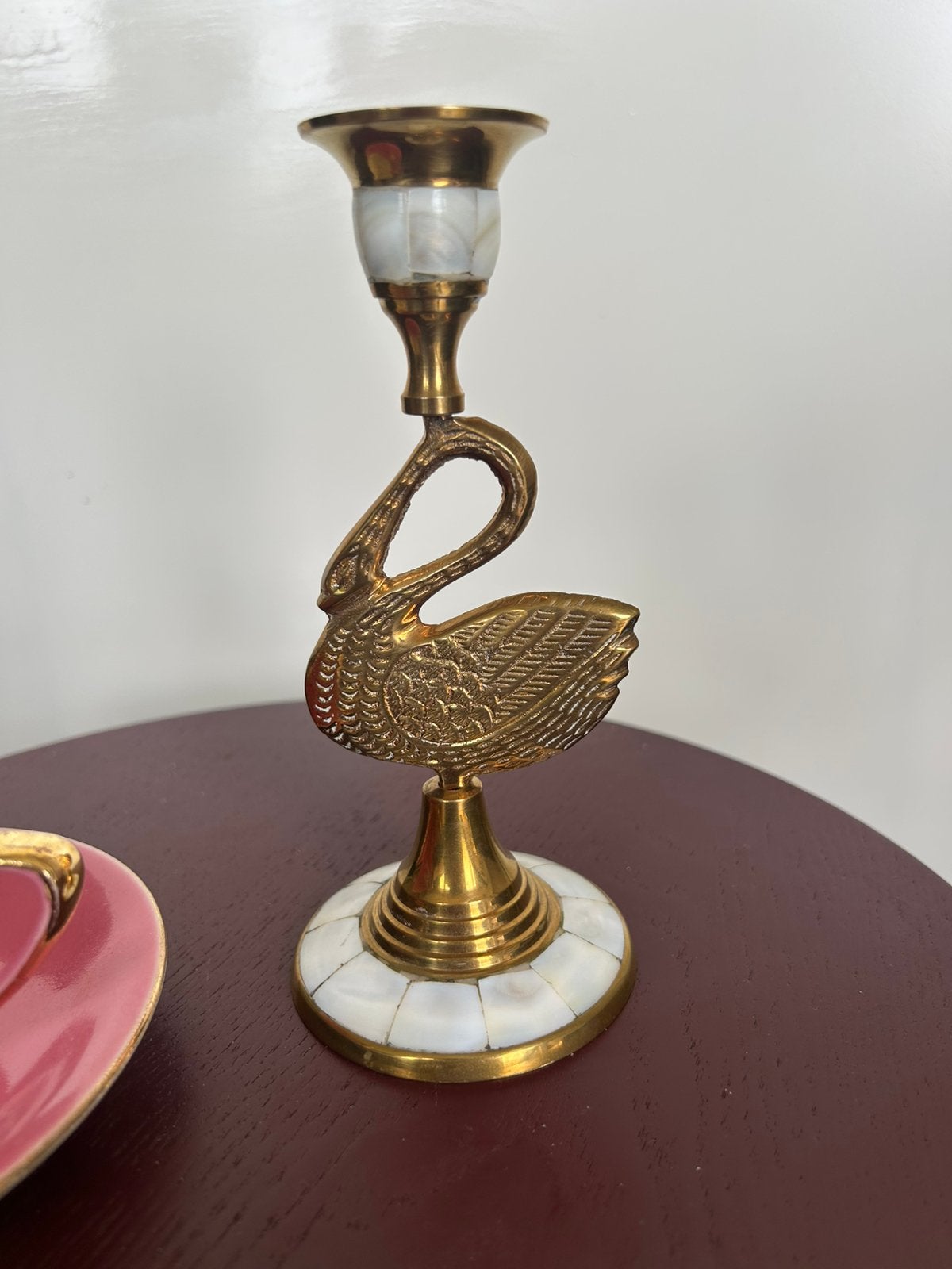 Prachtige Vintage Messing Zwaan Kandelaar met Parelmoer 17cm, Ophalen of Verzenden, Koper of Brons