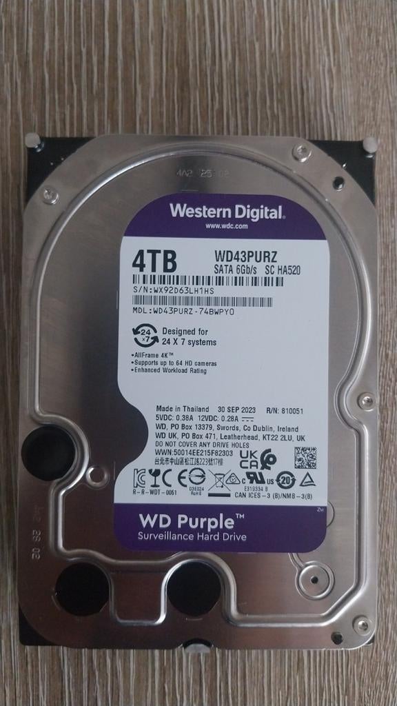Western Digital (WD) Purple 4TB (24/7) Gloed als nieuw!, Ophalen of Verzenden, Zo goed als nieuw, Desktop