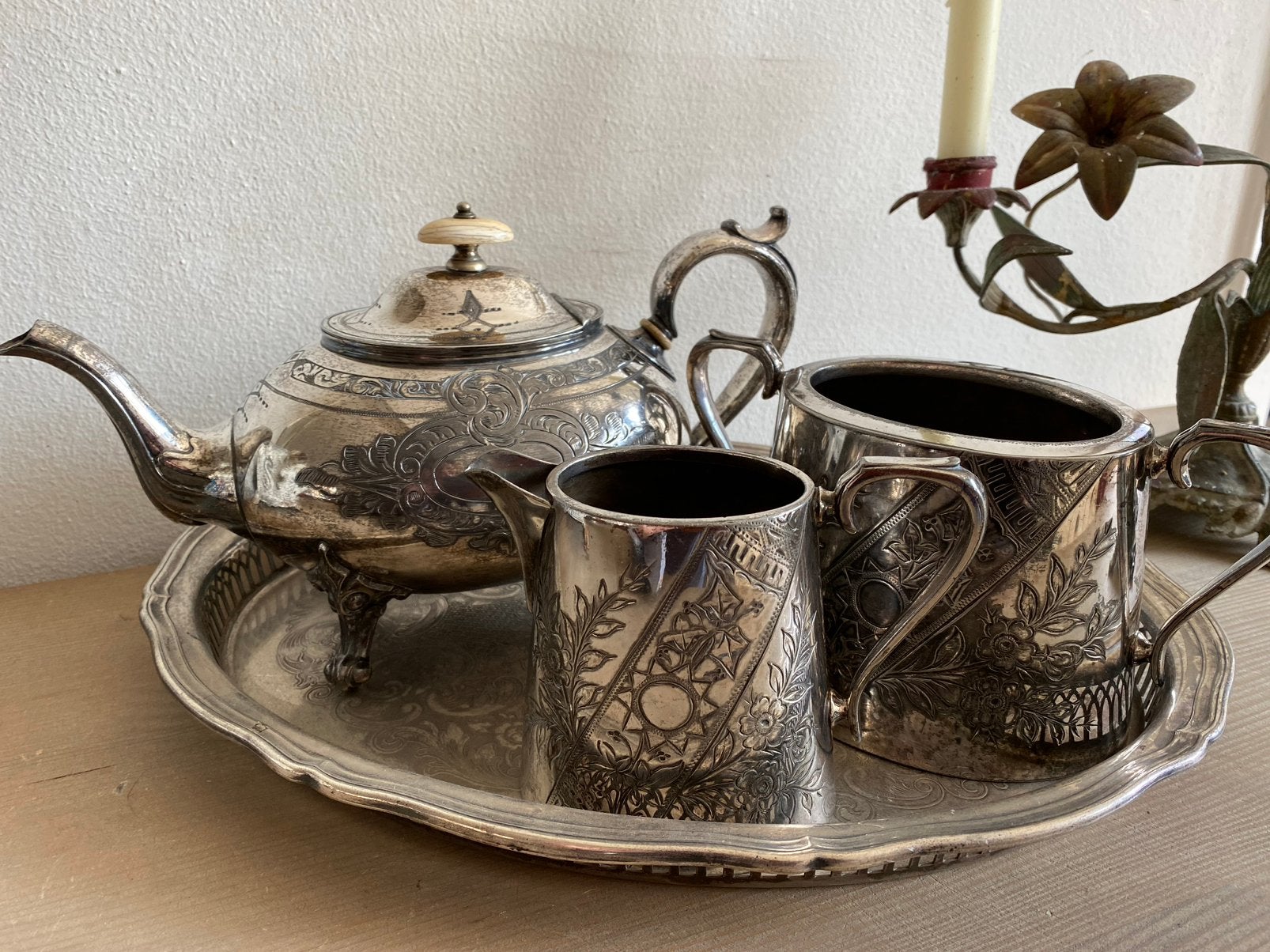 Partij oude verzilverde koffie/ thee/ suiker set., Ophalen of Verzenden