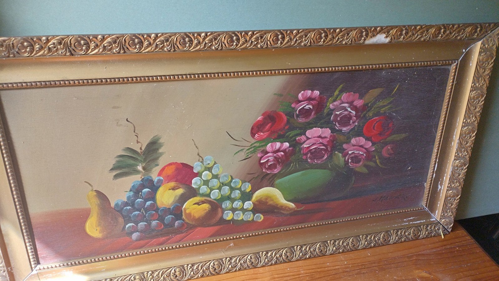 Stilleven met fruit en bloemen, gesigneerd J.M. Maier, Doek, Stilleven, Ophalen of Verzenden, Olieverf