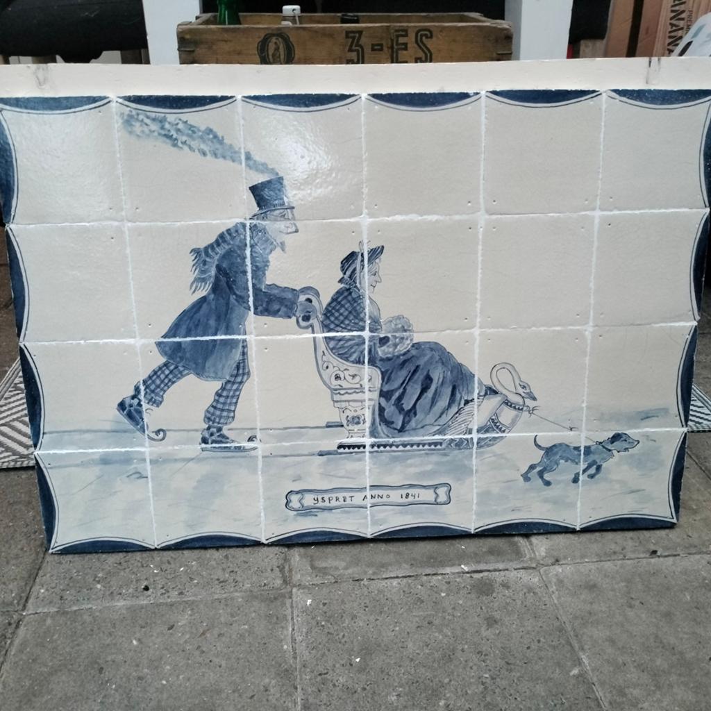Antiek Delfts Blauw Tegeltableau 'IJspret Anno 1841', Ophalen