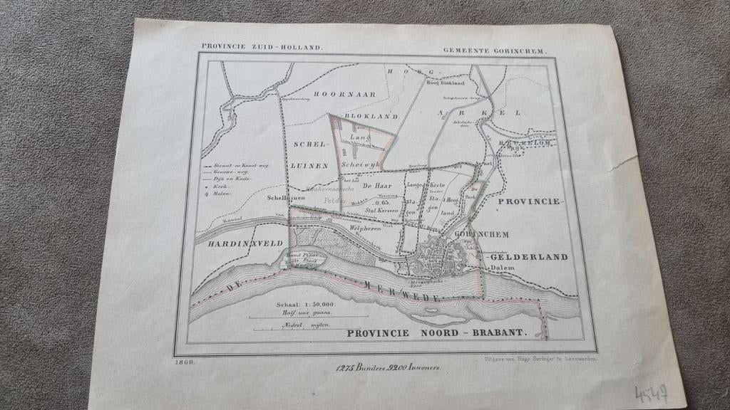 Antieke Kaart Gorinchem, Hardinxveld, Woudrichem (1869), Antiek en Kunst, Kunst | Etsen en Gravures, Ophalen of Verzenden