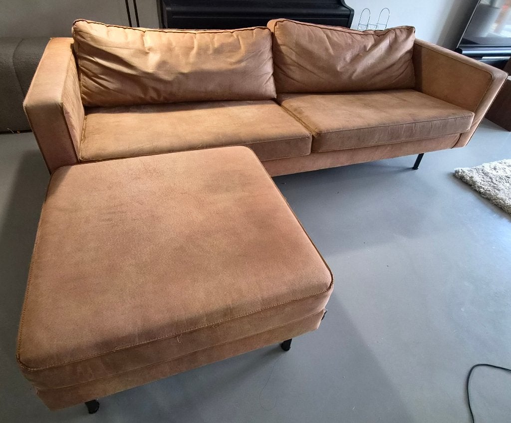 WOOOD bank bruin ecoleer incl. hocker - €125,00, Ophalen, Overige materialen, Gebruikt, Minder dan 75 cm