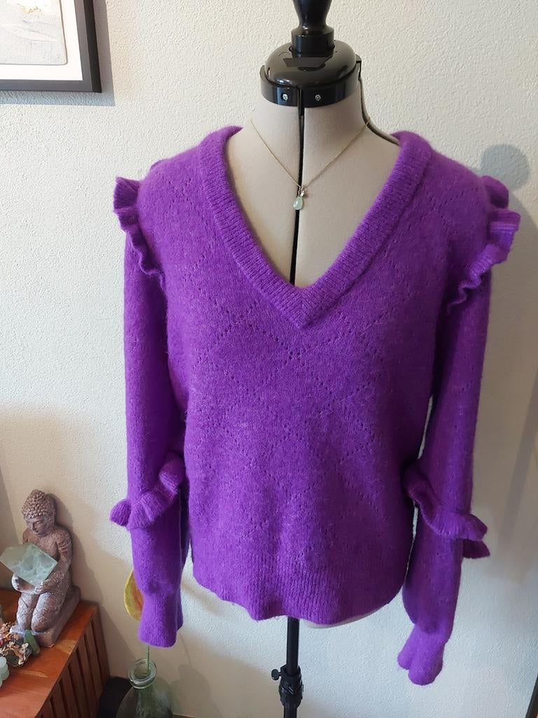 Dante 6 paarse alpaca trui met V-hals en pofmouwen - Maat L, Dante 6, Verzenden, Paars, Maat 42/44 (L)