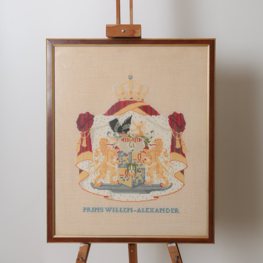 Vintage Borduurwerk Schilderij Prins Willem-Alexander, Ophalen of Verzenden, Gebruikt, Minder dan 50 cm, Schilderij