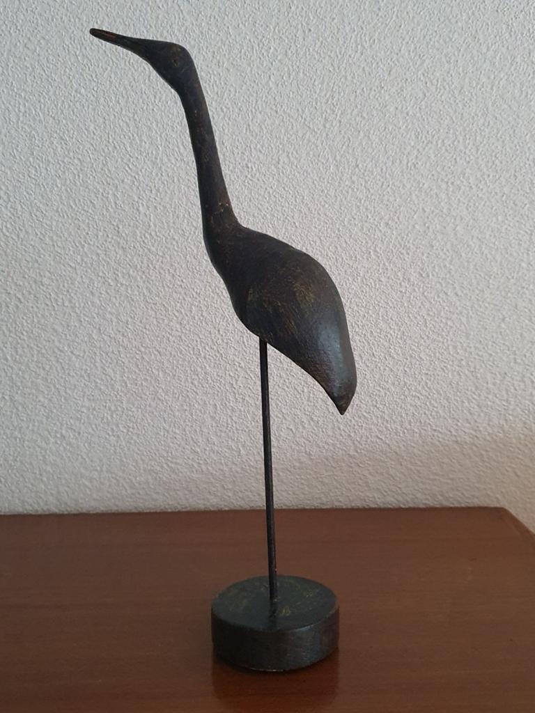 Vintage houten kraanvogel op sokkel., Ophalen of Verzenden, Beeld, Hout, 20 - 50 cm