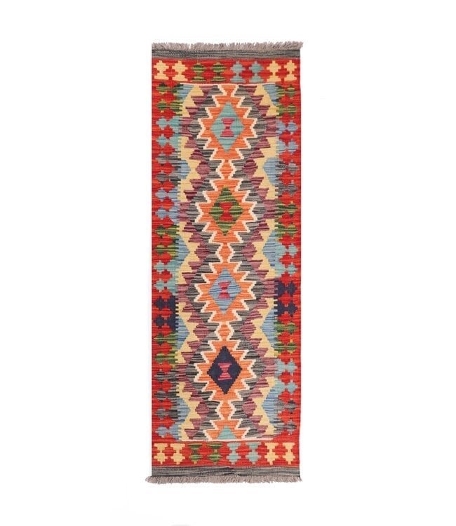 Handgeweven Kelim Runner Wollen Vloerkleed 150x55 cm, 100 tot 150 cm, Nieuw, Rechthoekig, Rood