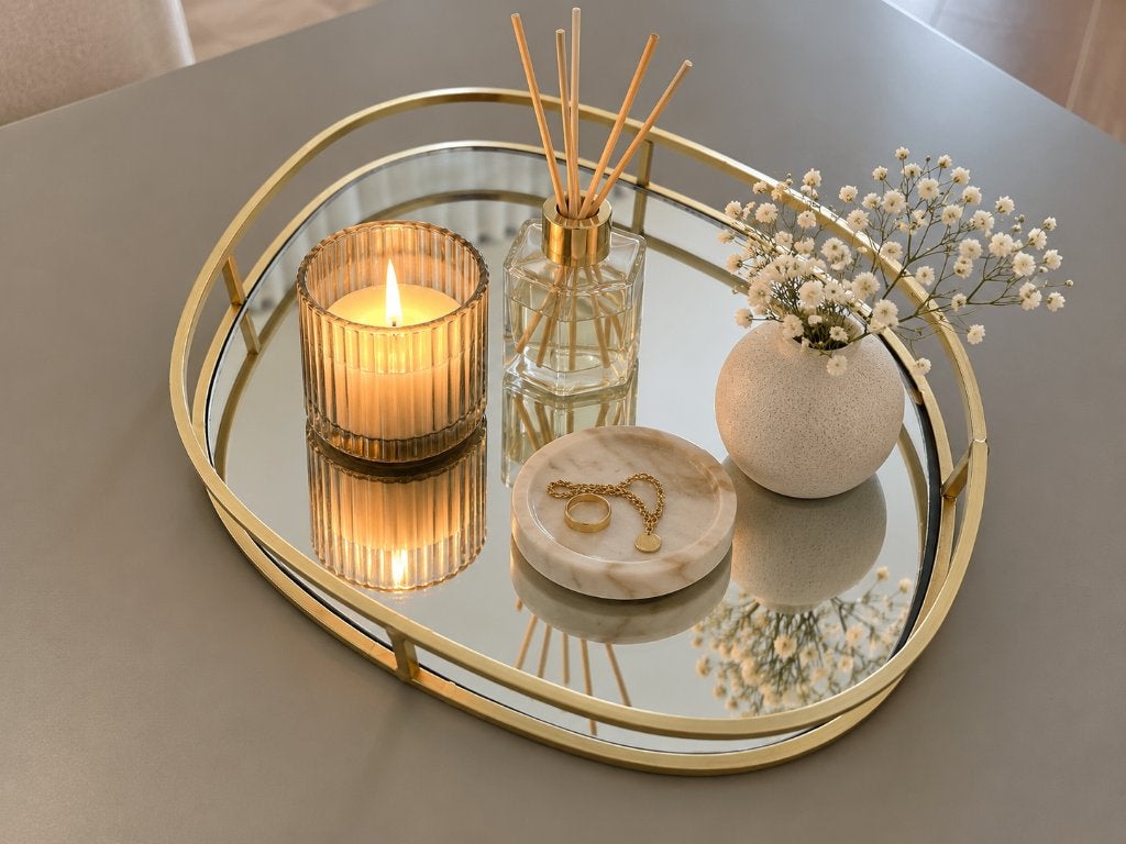 Luxe gouden spiegel dienblad – echte eyecatcher, Schaal, Rond, Nieuw, Ophalen of Verzenden