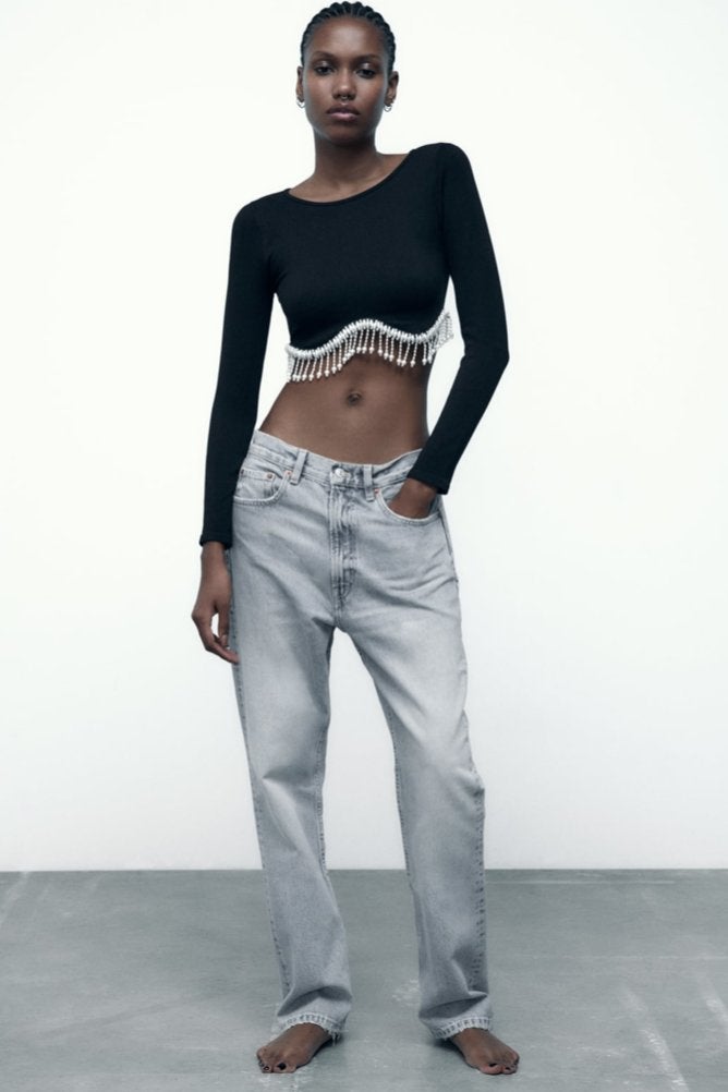 Dames Zara crop top seamless met parels zwart maat XS S, Kleding | Dames, Tops, Zwart, Ophalen of Verzenden, Zo goed als nieuw