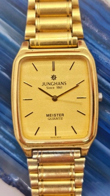Junghans Meister Quartz horloge tank polsband verguld, Overige merken, Staal, Gebruikt, Staal
