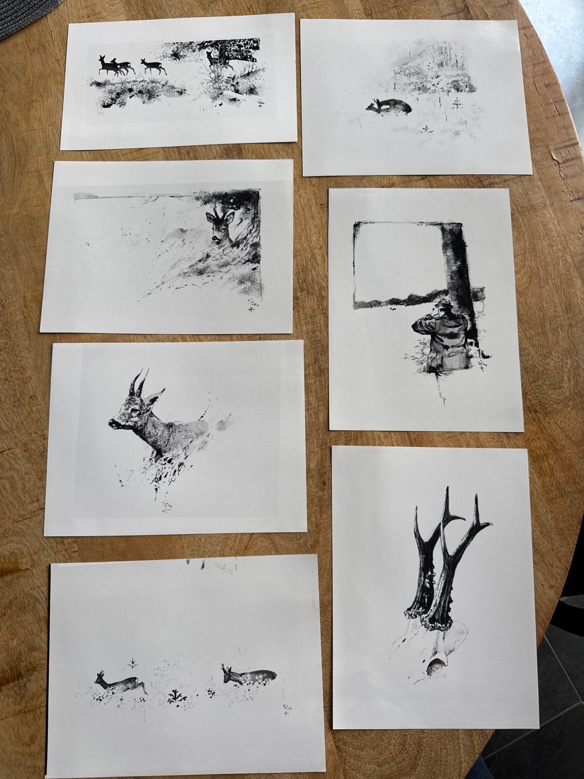 Set van 7 jachttaferelen en wildtekeningen, Ophalen of Verzenden, Print, Prent