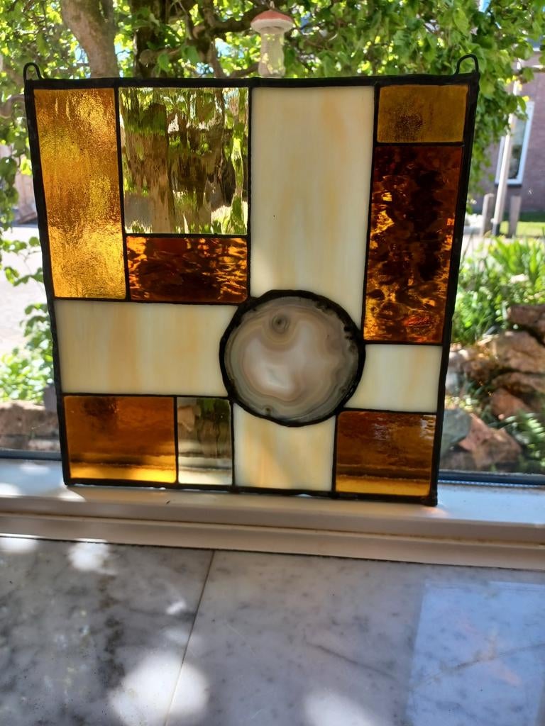 Antiek glas in lood raam met agaatschijf, Ophalen of Verzenden