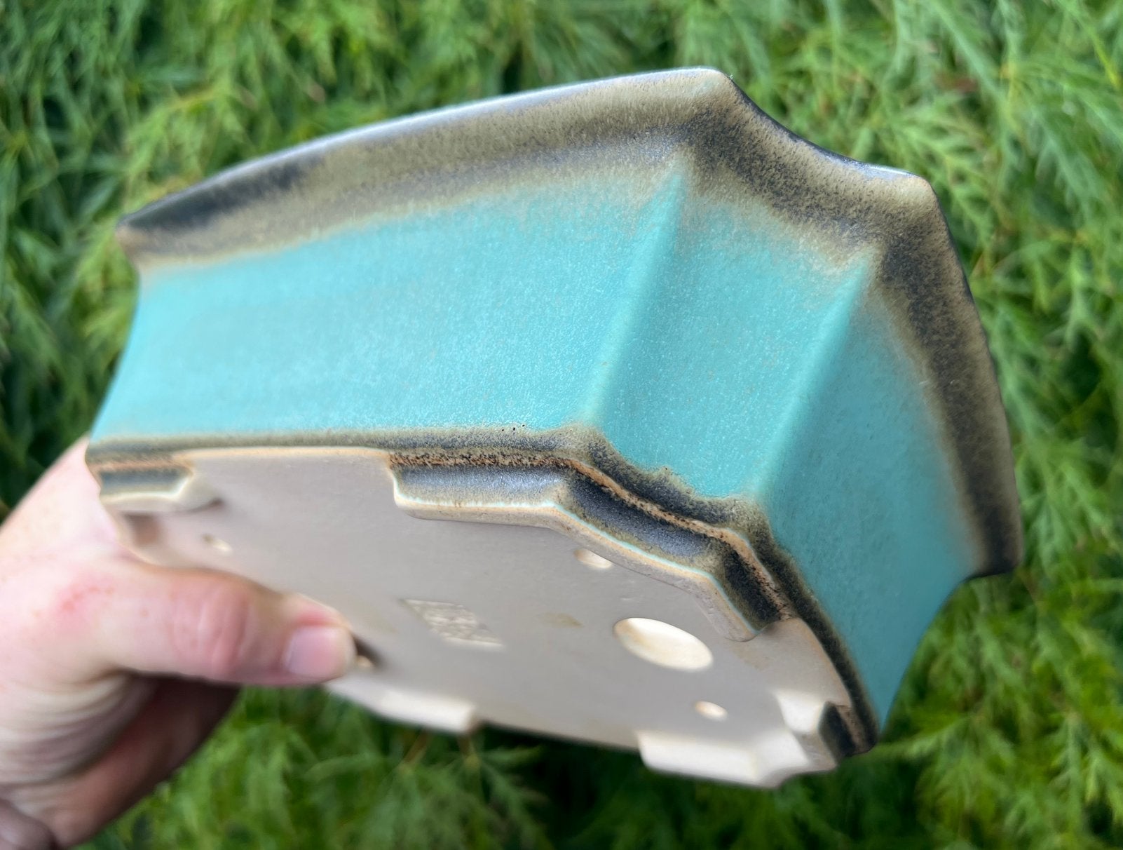 Bonsai schaal handgemaakt Turquoise-antraciet 21,9x18x6,5, Tuin en Terras, Nieuw, Ophalen of Verzenden, Aardewerk, Rechthoekig