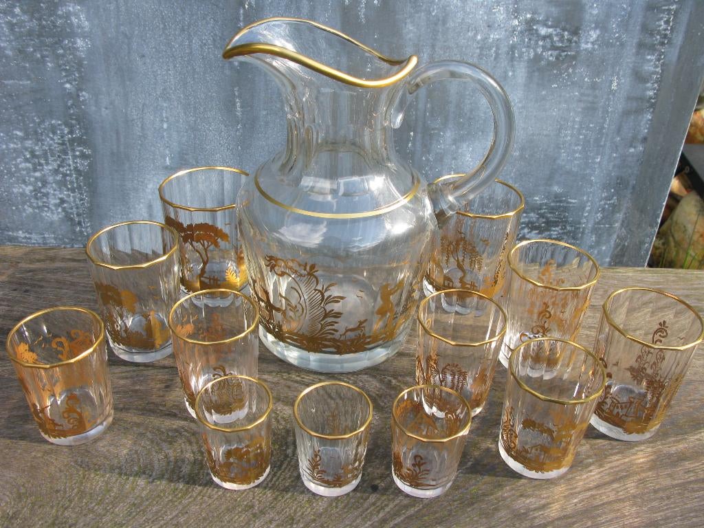 13-DELIG GLASSERVIES KRISTAL/GOUDDECORATIE ANTIEK, Ophalen of Verzenden