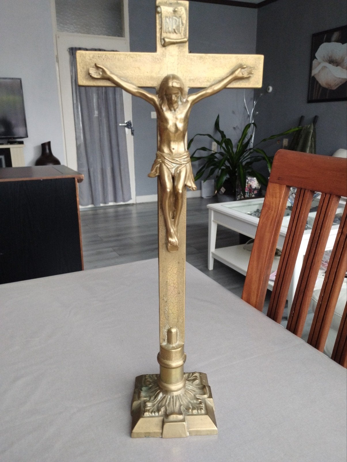 Mooi groot bronzen/Messing kruis met Jezus, Ophalen of Verzenden