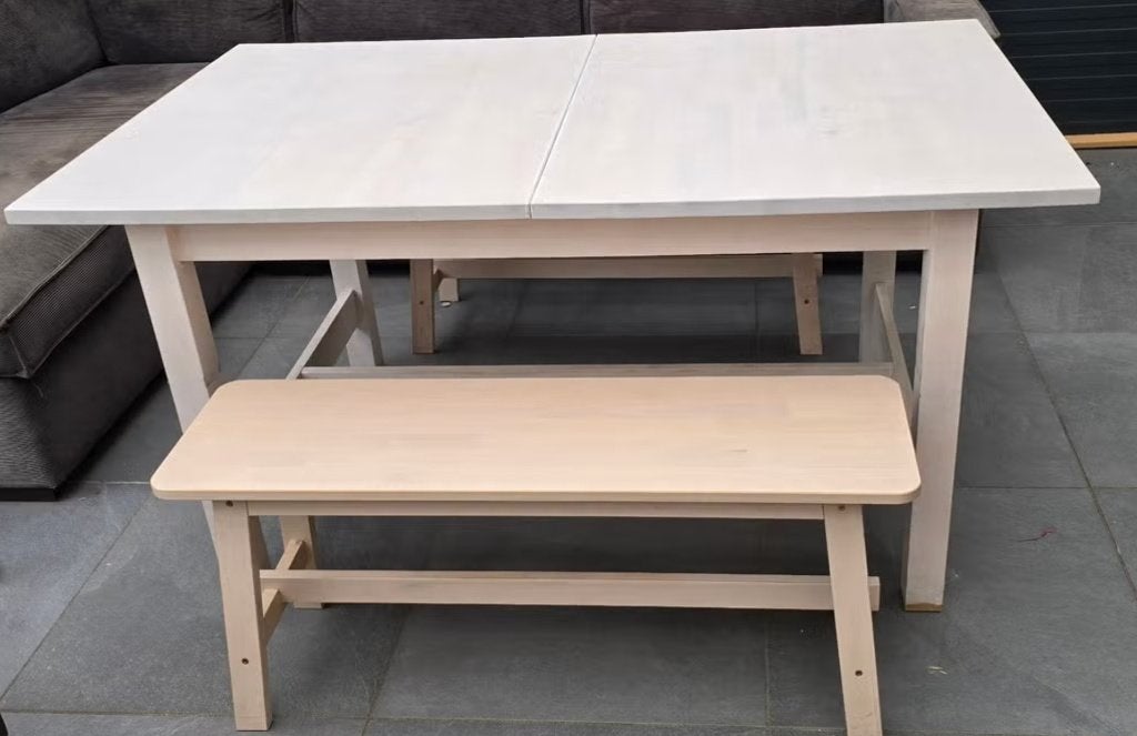 IKEA Norden uitschuifbare tafel en 2 bankjes, Huis en Inrichting, Ophalen, Gebruikt, 50 tot 100 cm, Vijf personen of meer