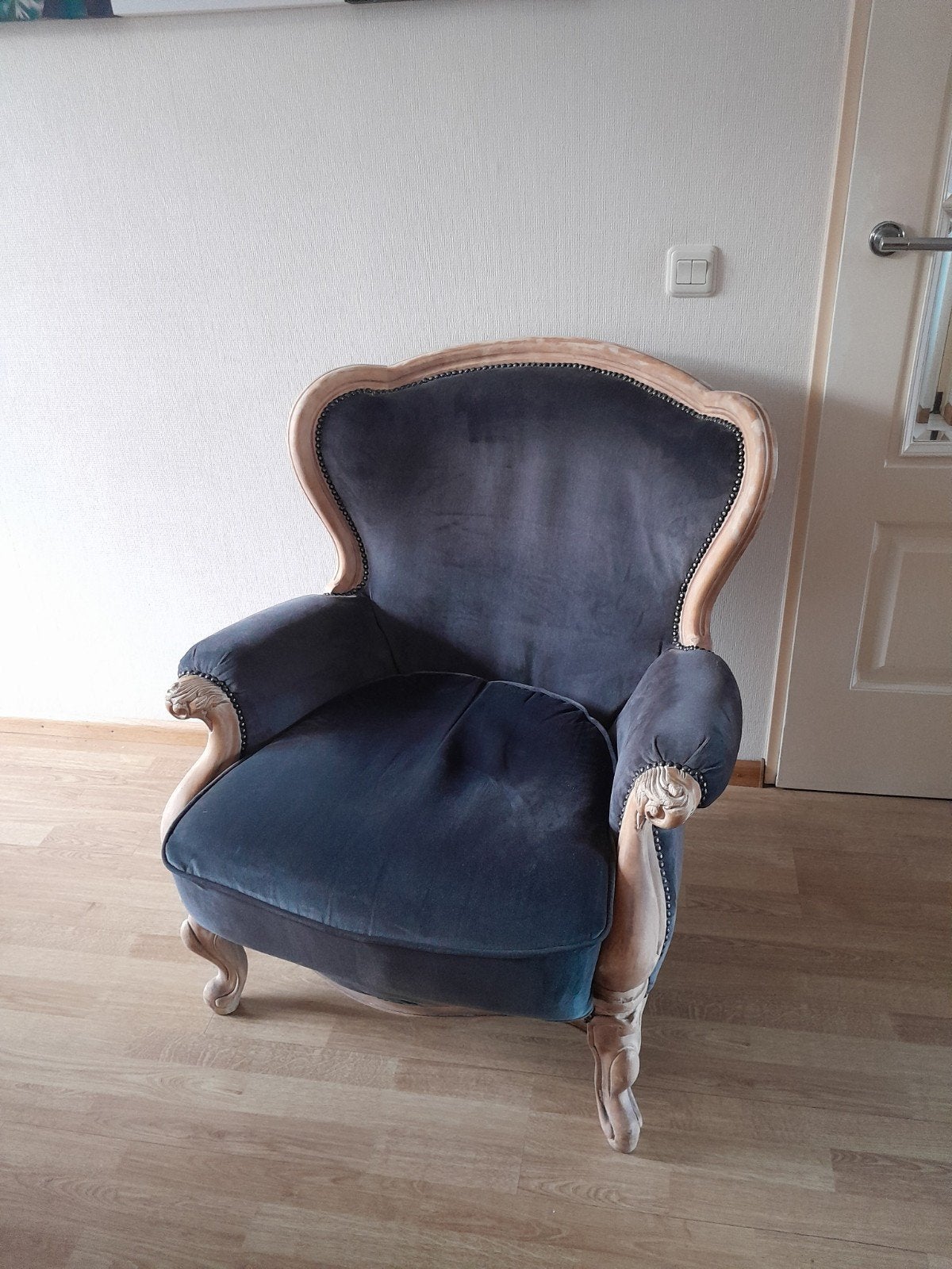 Nette barok fauteuil antraciet velvet, Ophalen, Hout, 75 tot 100 cm, Zo goed als nieuw
