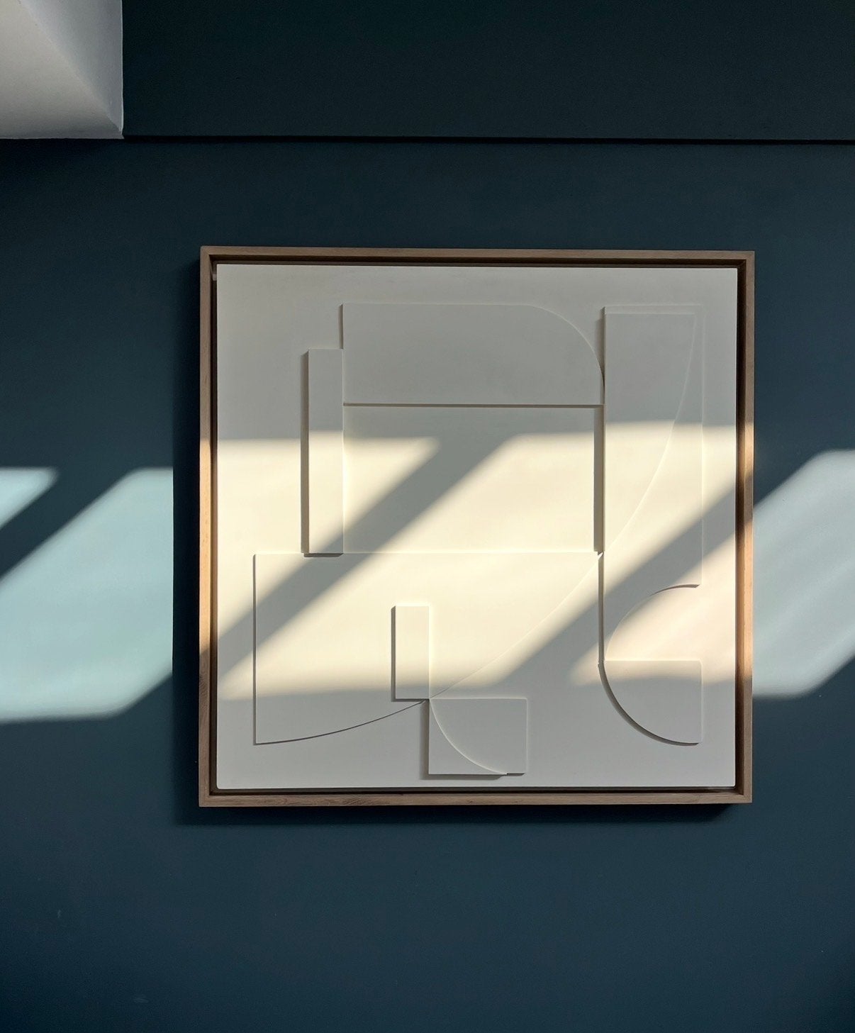 Abstract reliëf schilderij off-white met eiken lijst, Ophalen