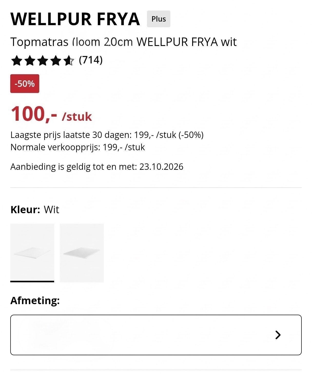 WELLPUR FRYA Topmatras W133 x L183 x H4,5 cm, Ophalen, 190 cm of minder, Zo goed als nieuw, 120 cm