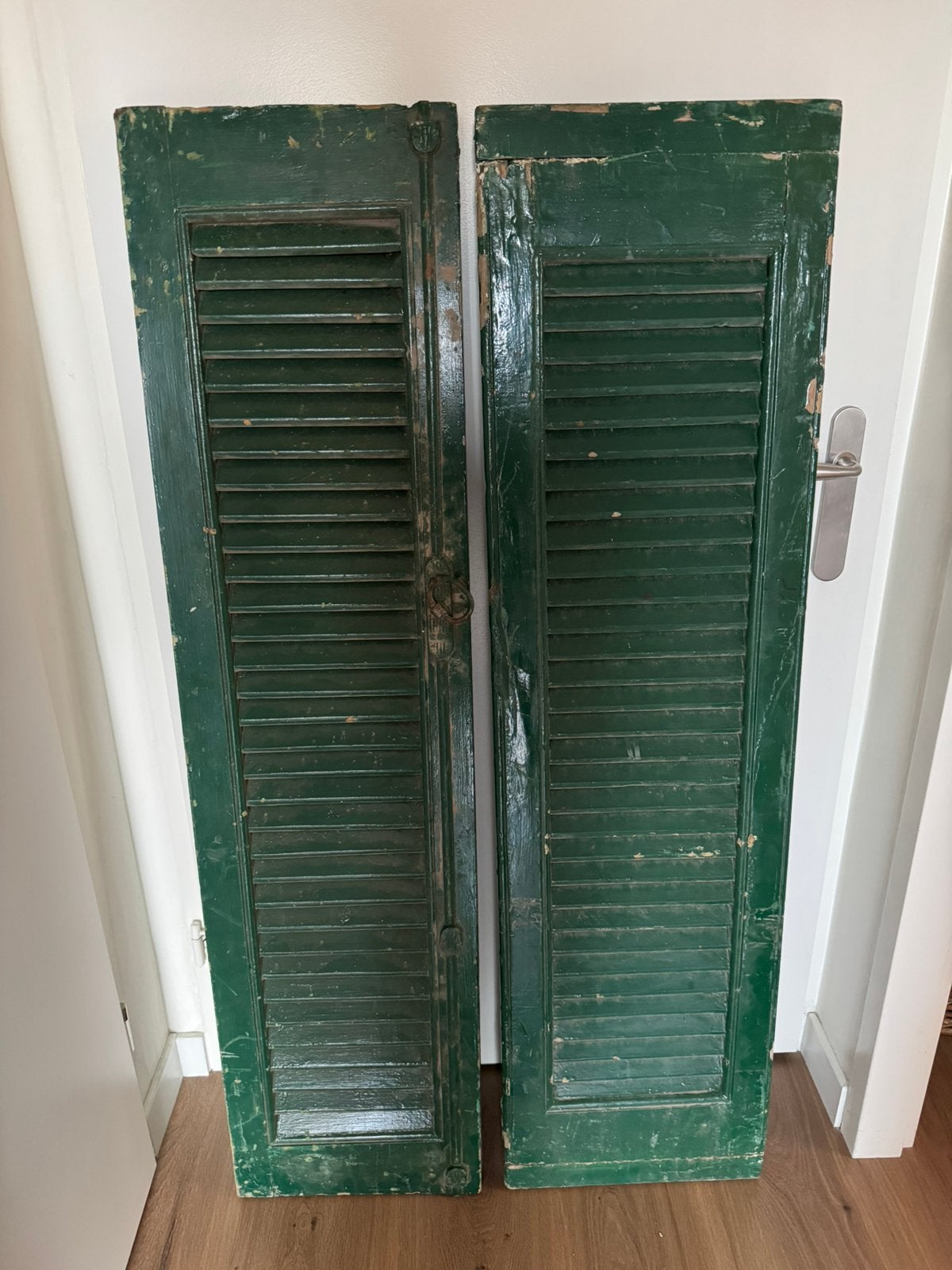 Set antieke houten luiken / Louvreluiken – Groen 142 x 38 cm, Huis en Inrichting, Ophalen, Gebruikt