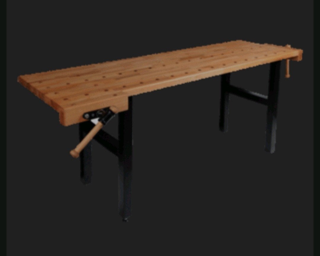 massief houten Werktafel met blauw metalen onderstel 100x150, Doe-het-zelf en Verbouw, Tekentafels, Ophalen, Gebruikt, Minder dan 130 cm