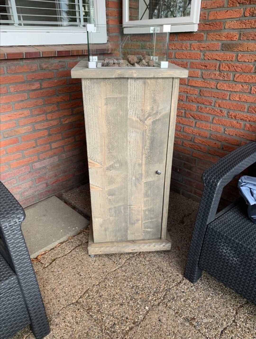 Vuurtafel-zuil met RVS brander, glazen ombouw en afdekplaat, Ophalen, Nieuw
