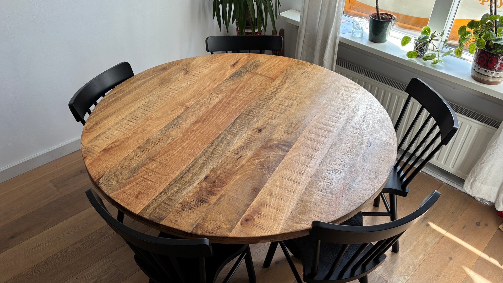 Ronde eetafel met 5 stoelen, Huis en Inrichting, Tafels | Eettafels, Ophalen, Zo goed als nieuw, Rond, 100 tot 150 cm