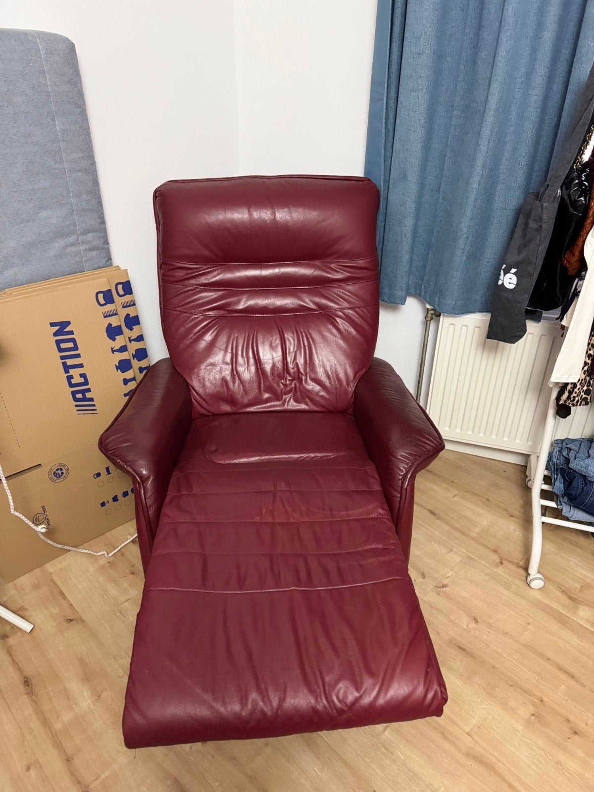 Leren relaxfauteuil met mechanische hendel, Huis en Inrichting, Ophalen, Gebruikt, Leer