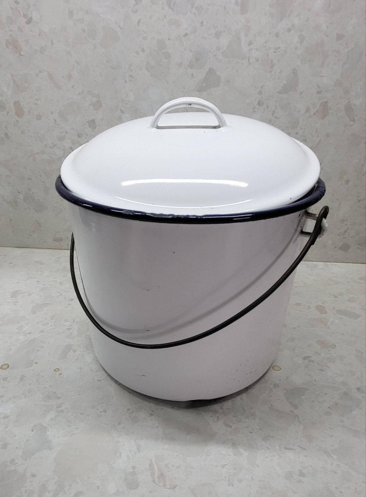 Vintage geëmailleerde emmer met deksel - Wit, Ophalen of Verzenden