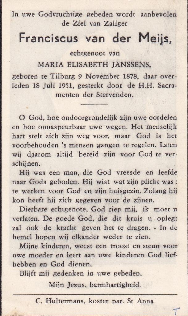 Meijs Franciscus 1878 Tilburg 1951, Ophalen of Verzenden, Bidprentje