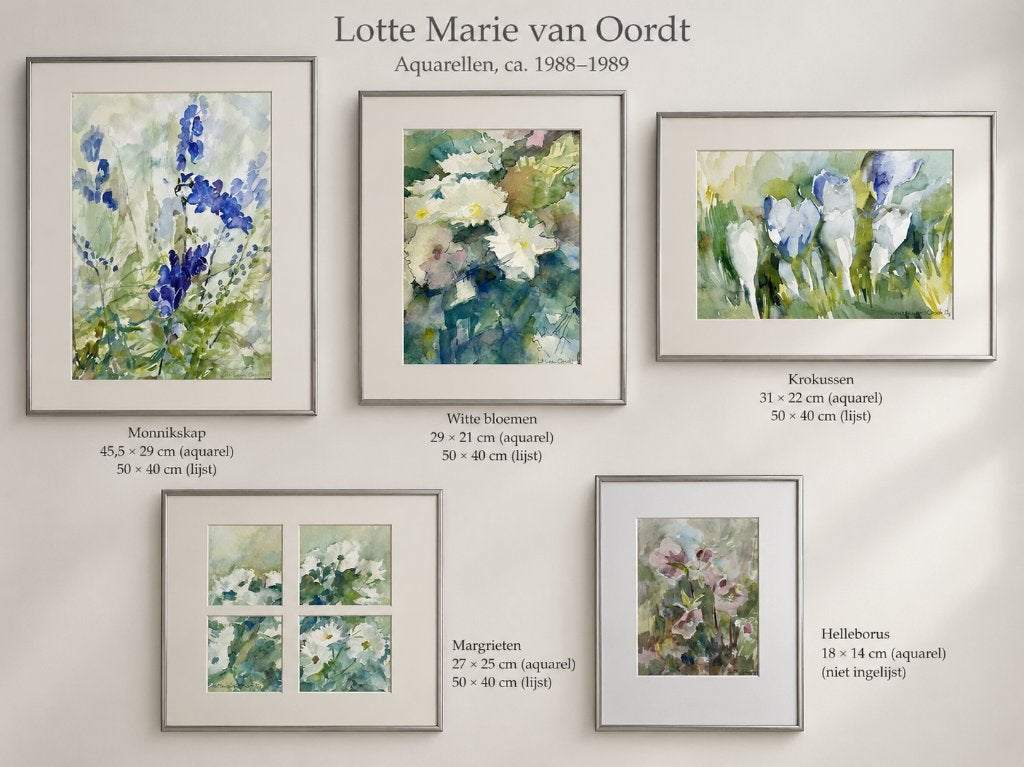 5 originele aquarellen Lotte Marie van Oordt, 1988–1989, Impressionistisch, Aquarel, Gedateerd, Papier
