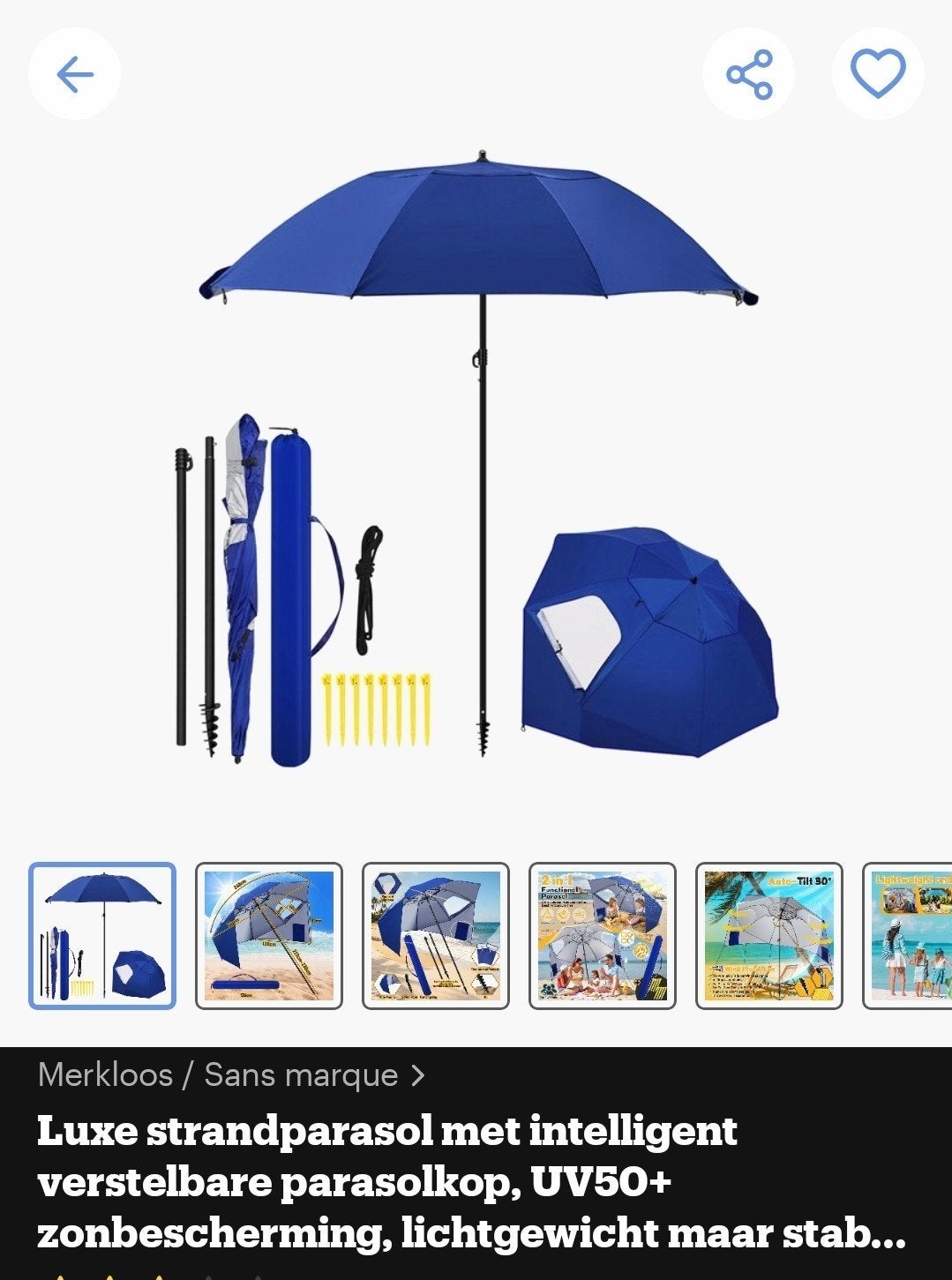 Luxe strandparasol met UV50+ zonbescherming, Ophalen, Verstelbaar, Nieuw, 1 tot 2 meter