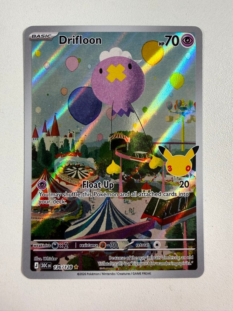 136/128 Drifloon 30th Celebration Pokemon Kaart, Ophalen of Verzenden, Nieuw, Losse kaart