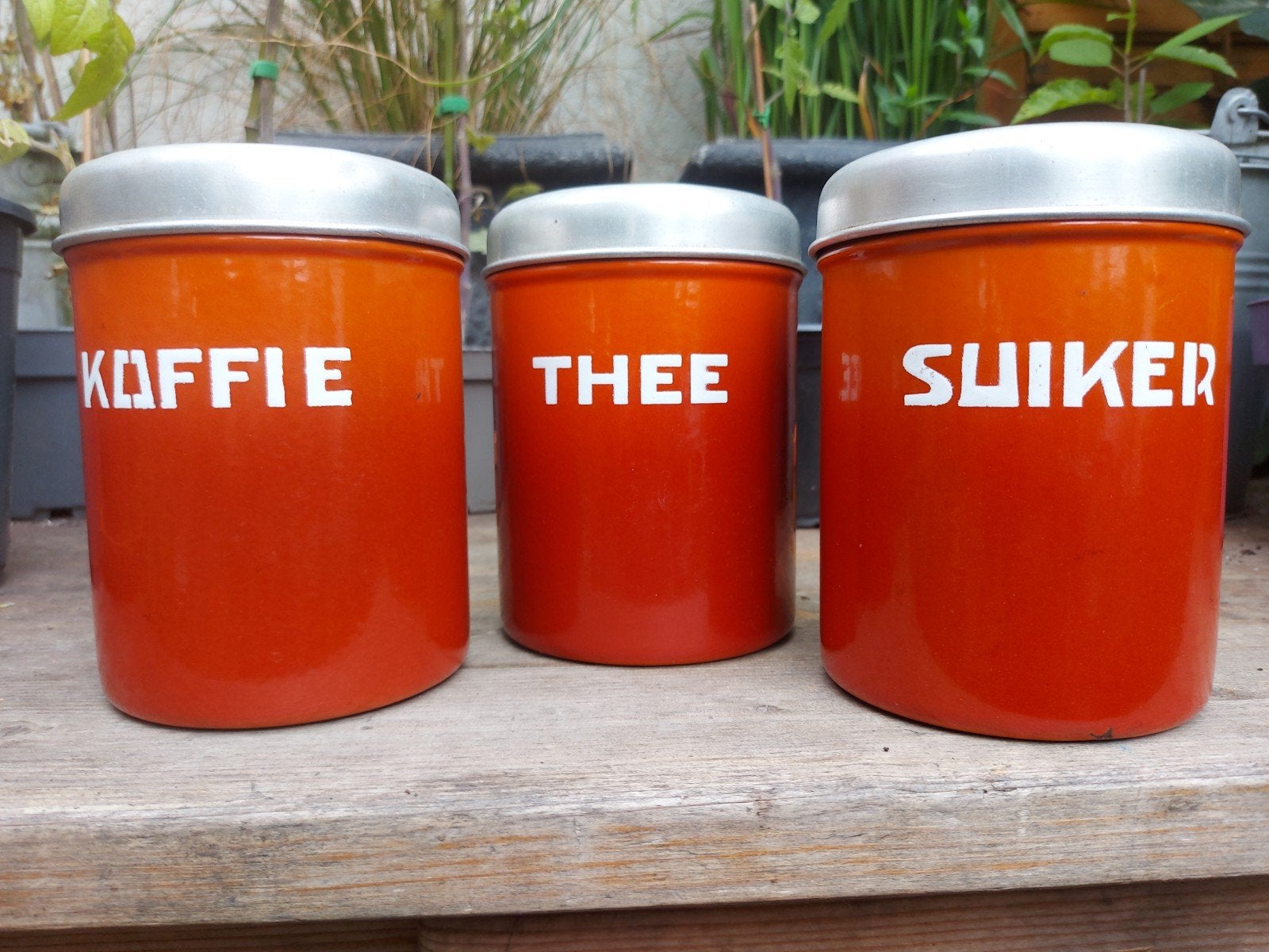Trio emaille bussen koffie, thee,suiker met org deksels, Ophalen of Verzenden