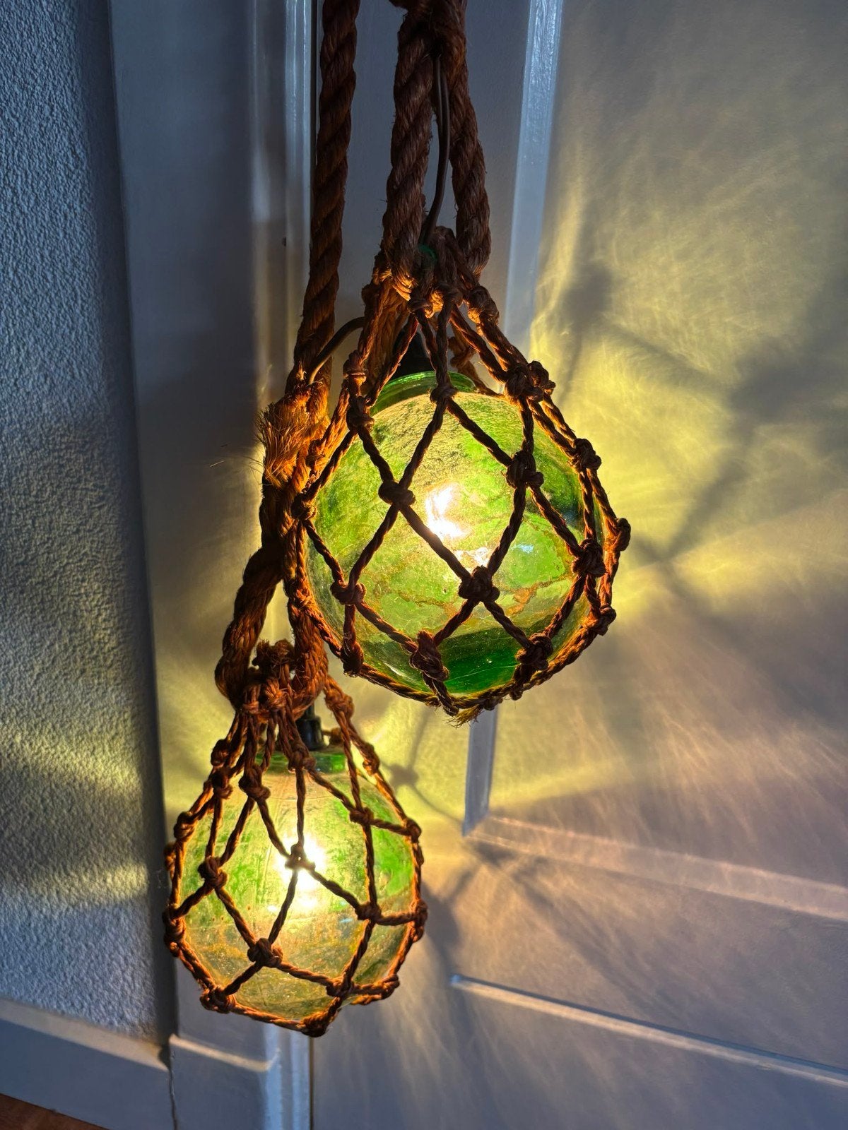 Drijver ballen, lamp, macramé, 70ties, glas, groen, Ophalen of Verzenden