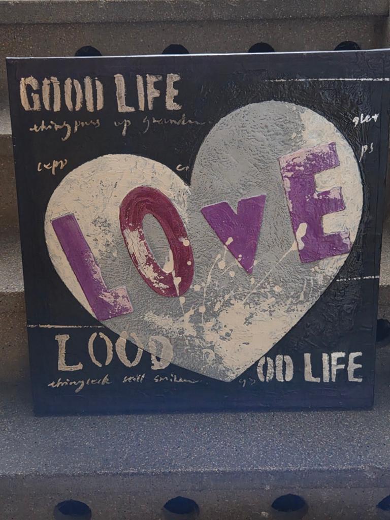 Schilderij 'Love' met hart en paarse letters, Antiek en Kunst, Ophalen