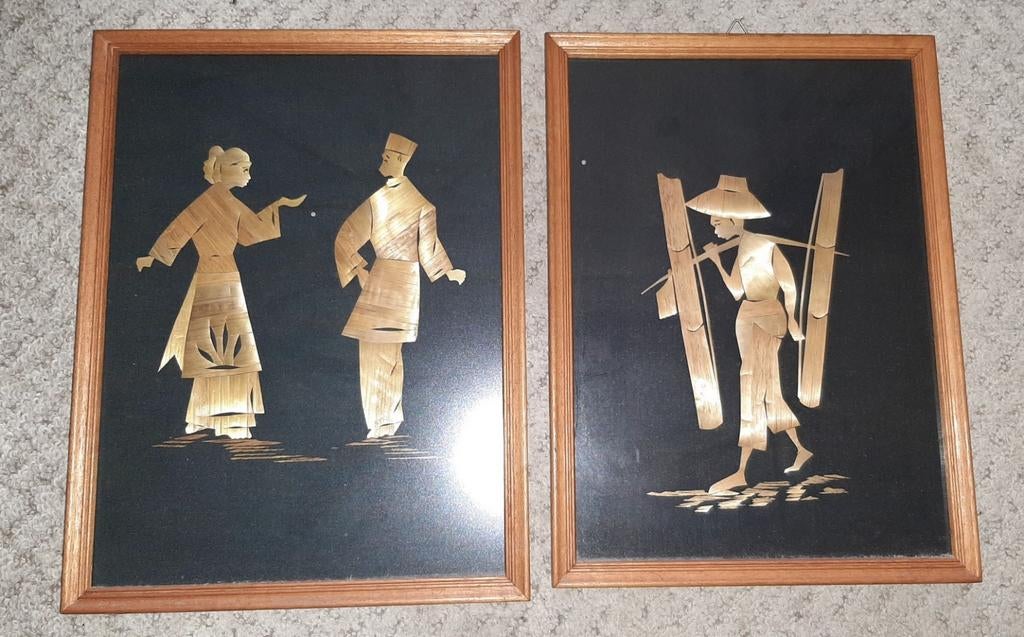 Oosterse Wanddecoratie - 2 houtsnijwerk schilderij, Antiek en Kunst, Kunst | Niet-Westerse kunst, Ophalen of Verzenden