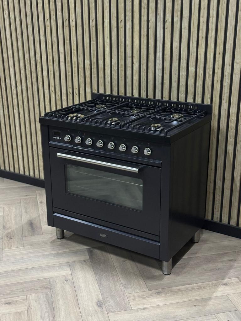 Boretti Zwart 90cm Gas 6 pits + Multifunctionele Oven, 60 cm of meer, Grill, Ophalen of Verzenden, Zo goed als nieuw