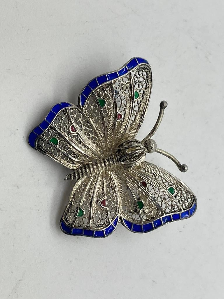 C193 Prachtige zilveren vlinder blauw emaille, Sieraden, Tassen en Uiterlijk, Antieke sieraden, Ophalen of Verzenden, Zilver, Broche