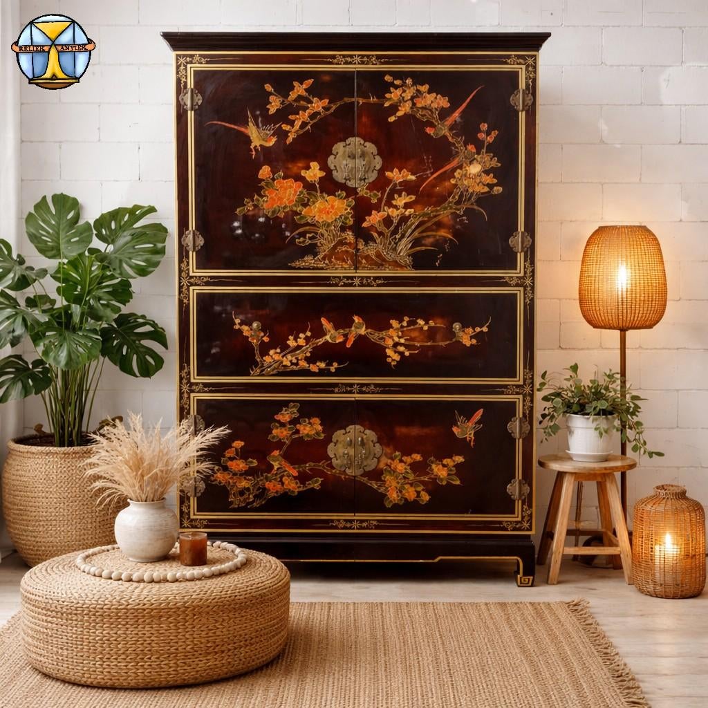 Vintage rood / gouden Chinese lak kast bloemen en vogels, Ophalen of Verzenden