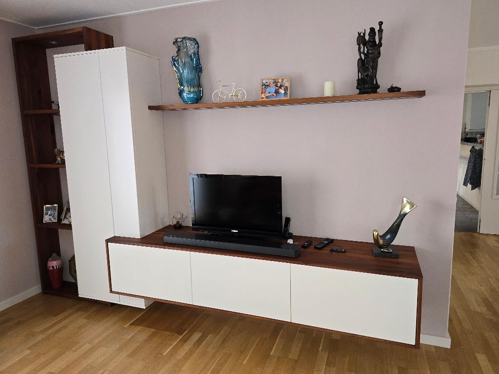 Zwevend walnoten wandmeubel 3 meter-LED-softclose, Ophalen, Met deur(en), 200 cm of meer, 300 cm of meer