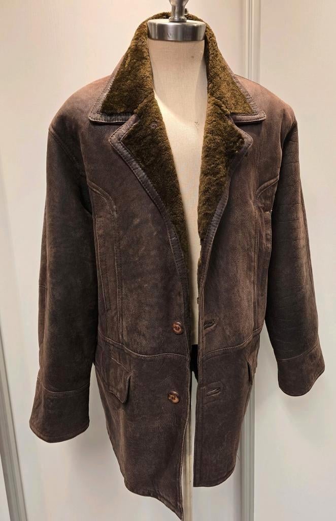 Stoere heren lammy coat parka - maat L - lamsvacht en leer, Ophalen of Verzenden, Gedragen, Maat 52/54 (L), Bruin