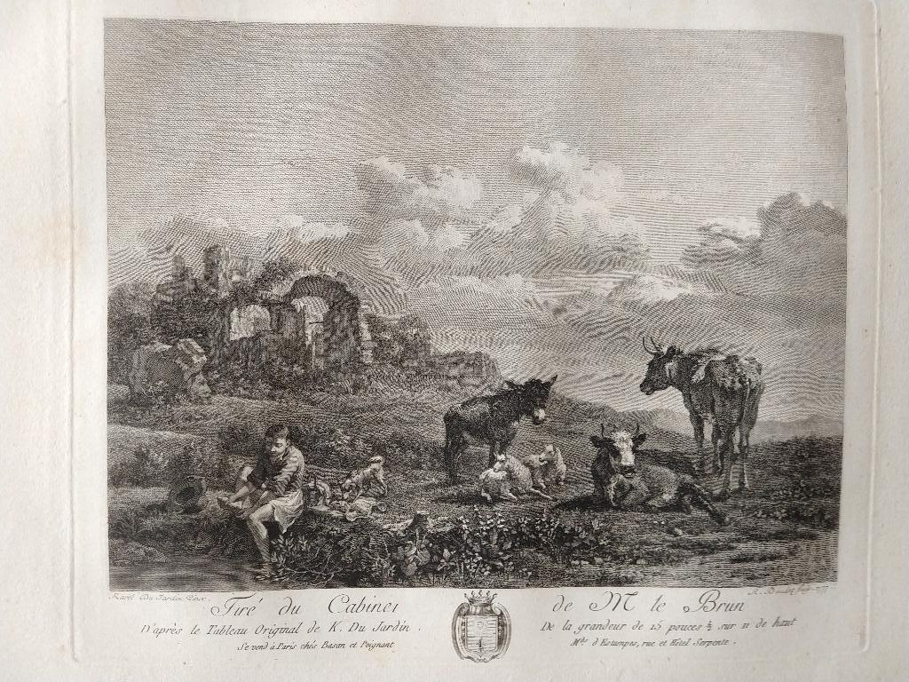 18e‑eeuwse gravure – landschap met vee en ruïne – Dujardin, Verzenden