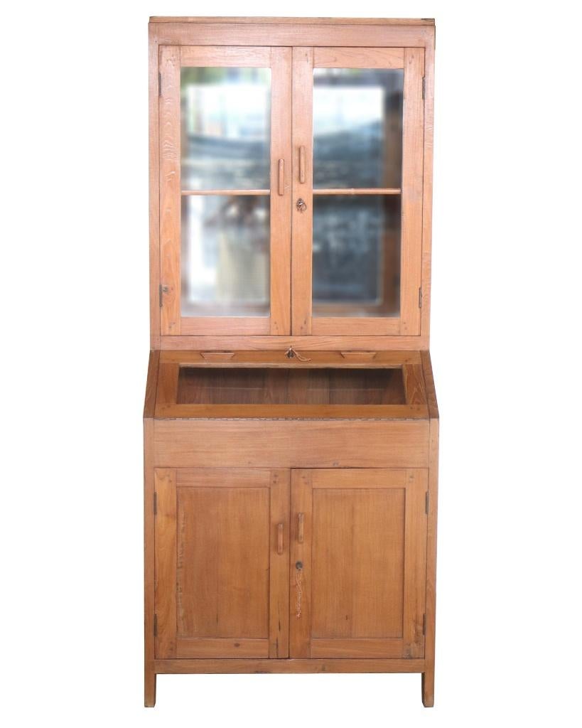 Antieke teakhouten buffetkast met vitrinedeel en klep, Teakhout, Zo goed als nieuw, 50 tot 75 cm, 200 cm of meer