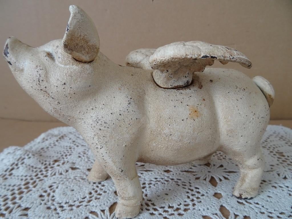Curiosa vintage gietijzeren spaarpot varken spaarvarken 1960, Ophalen of Verzenden