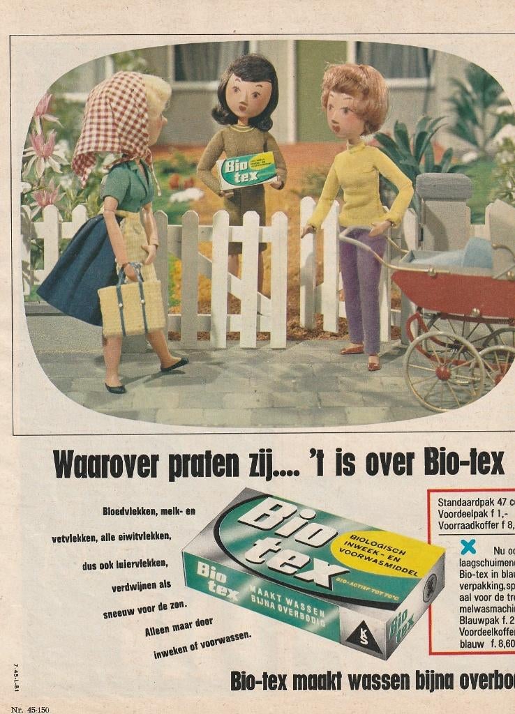 Retro reclame 1968 Biotex wasmiddel poppetjes bij tuinhek, Verzamelen, Verzenden, Overige typen