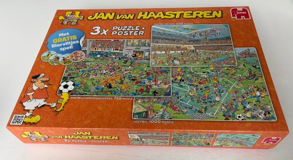 Jan van Haasteren- 3 x voetbal puzzels in 1 doos (incl spel), Ophalen of Verzenden, 500 t/m 1500 stukjes, Zo goed als nieuw