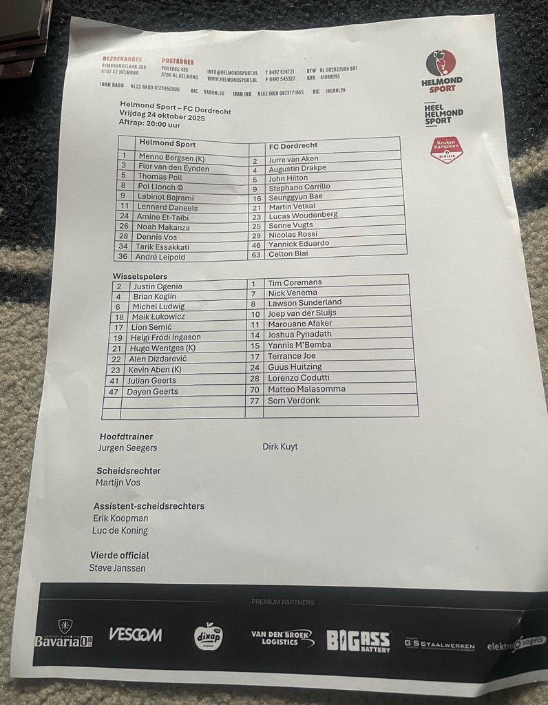 Opstelling Helmond Sport-FC Dordrecht 24-10-2025, Verzamelen, Ophalen of Verzenden, Nieuw, Overige binnenlandse clubs, Poster, Plaatje of Sticker