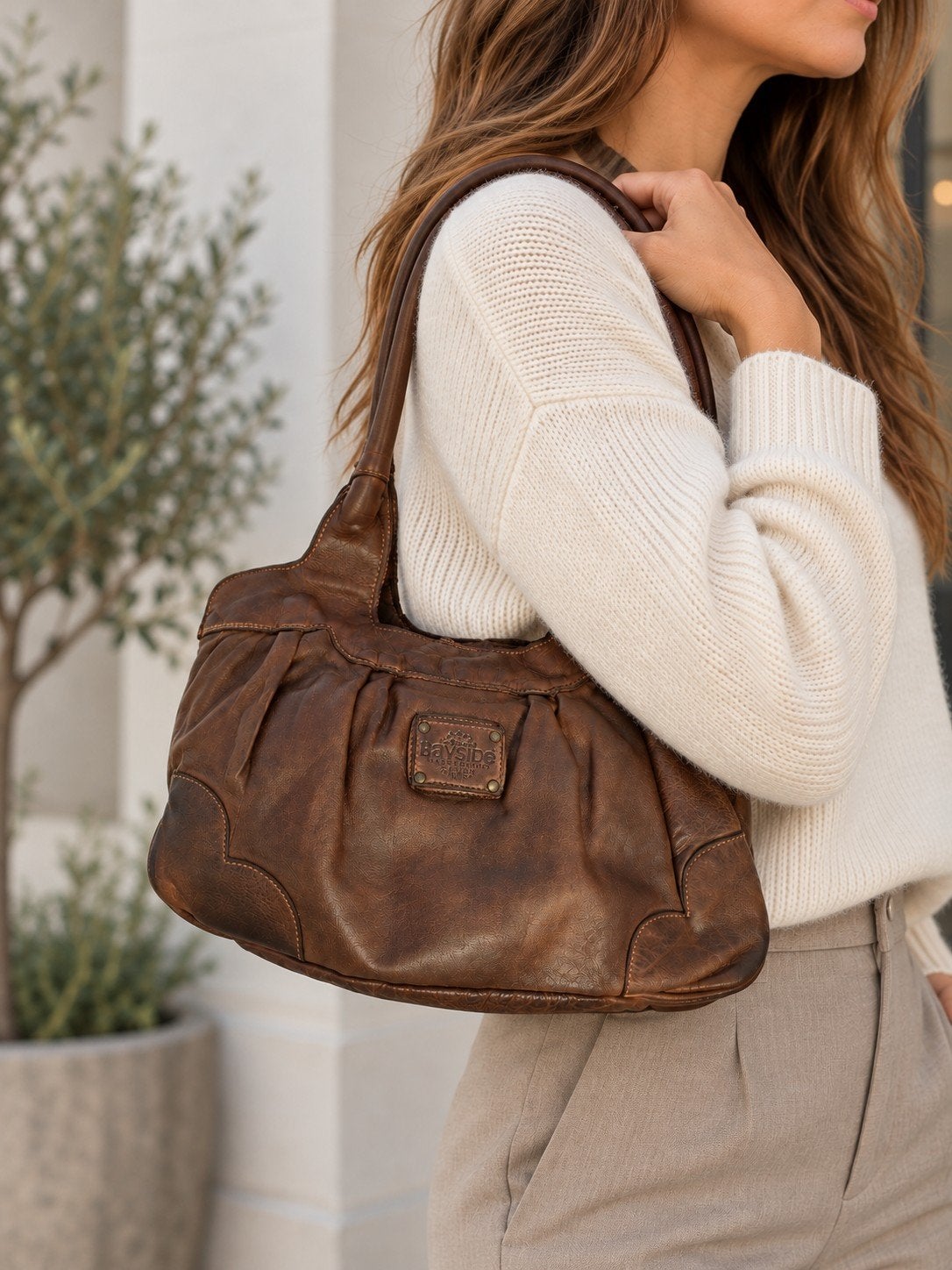Bayside bruine leren handtas - Italiaans design, Ophalen of Verzenden, Nieuw, Grijs, Handtas