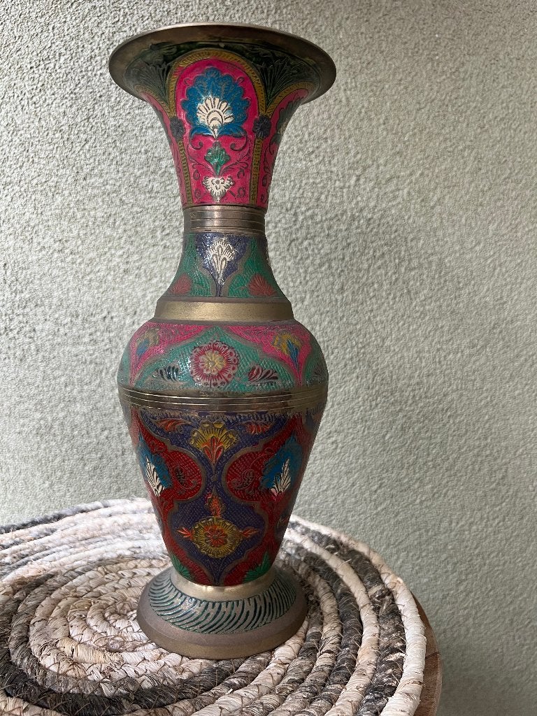 India vaas brons handwerk Indiase vintage vaas kleurtjes, Ophalen of Verzenden